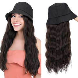 SEGO Bucket Hat Wig Long Natural Wavy Hair Extensions With Hat Heat Resistant Synthetic Fiber Extensions 18 Inch 04A Hat with Hair Attached for Women