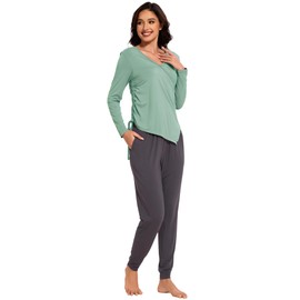 EASWEET Postpartum Lounge Sets for Women Bamboo Viscose Long Sleeve Maternity Nursing Pajamas, Green/Iron Grey, Medium