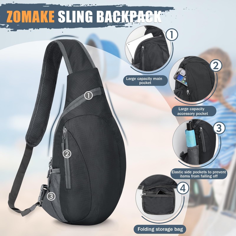 ZOMAKE Sling Backpack 10L - Small Crossbody Backpacks Waterproof Sling