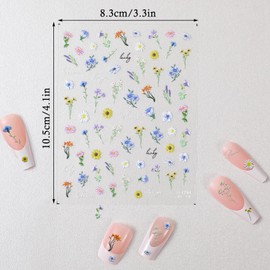 Kifmurase 3 Sheets Flower Nail Stickers, 5D Embossed Floral Wildflower Nail Art Sticker Daisy Nail Decals, Summer Little Wild Flower Daisy Leaf Plant Nail Sticker for Women Girls Nails Design