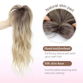 Fine Plus Clip in Bangs 360° Cover Mini Hair Topper Curly Bangs Hair Clip Fake Bangs Synthetic Wavy Hair Toppers for Women French Clip in Hair Extensions for Daily Wear(Mix Blonde with Dark Root)