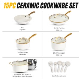 Gotham Steel 15 Pc Ceramic Cookware Set, Ceramic Pots and Pans Set Non Stick with Cooking Utensils and Steamer, Non Toxic PFOA PFOS Free, Premium Gold Stay Cool Handles, Oven & Dishwasher Safe