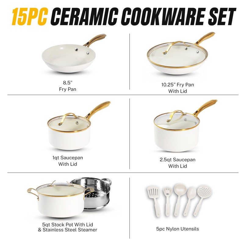Gotham Steel 15 Pc Ceramic Cookware Set, Ceramic Pots and