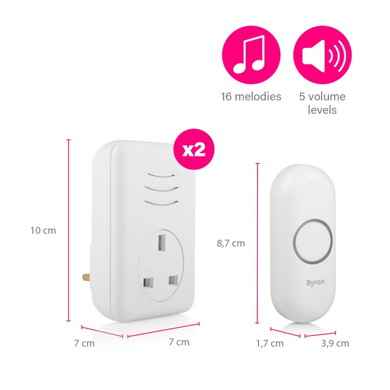 Byron Wireless Doorbell Set, 2 x Plug-Through Chimes, 150m Range,