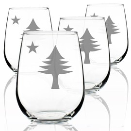 Old Maine Flag - Stemless Wine Glasses - Set of 4 - Original 1901 State of Maine Flag Gifts for Women & Men Mainers - Large 17 Ounce