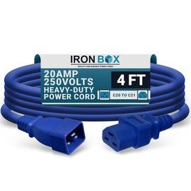 IronBox Electric - Heavy-Duty C20 to C21 Power Cable - 20A, 250V, 12/3 AWG - IEC 60320 Computer Power Supply Extension Cord - PSU Wire Connectors - UL Listed C20 Plug to C21 Connector (Blue, 4 Foot)