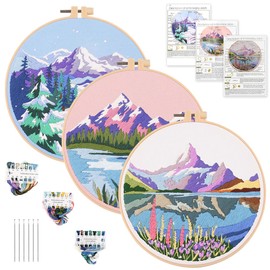 AUTOWT Beginner Embroidery Starter Kit, 3 Needlepoint Embroidery Kit for Adults DIY Handmade Sewing Craft with Plant Floral Patterns, Stitching Sewing Kit Scenery Series, Colored Thread, Needles, Bamboo Hoops(Pattern D)