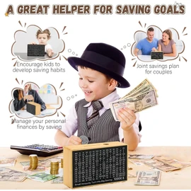 10000 Money Saving Box No Install Required Cash Vault Wooden Savings Challenge Box Piggy Bank for with $10000 $5000 $3000 $2000 $1000 $500 Target for Kids Adult Friend Gifts(8 Target Wood Color)