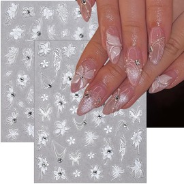2 Sheet Flower Nail Stickers for Nail Art Decals YEFIUO Self-Adhesive Nail Art Stickers Charms Sliders 5D Relief Rhinestone Flowers Design Manicure DIY Supplies Stuff Accessories for Women and Girls