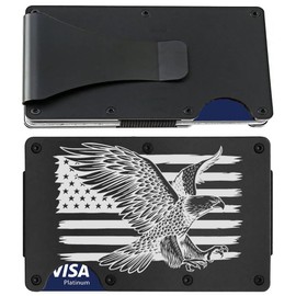 Laser Engraved Mens Womens American Flag and Eagle Black Titanium Carbon Fiber RFID Blocking Minimalist Wallet