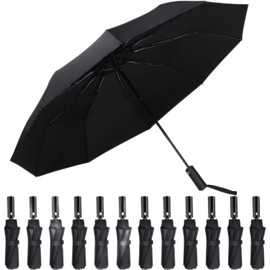12 Pcs Windproof Travel Umbrella 10 Ribs Automatic Open Close Umbrella Strong Steel Shaft, Wind Resistant, Compact Travel Umbrella Folding Umbrella Rain Umbrella for Men Women (Black, Blue, Gray)