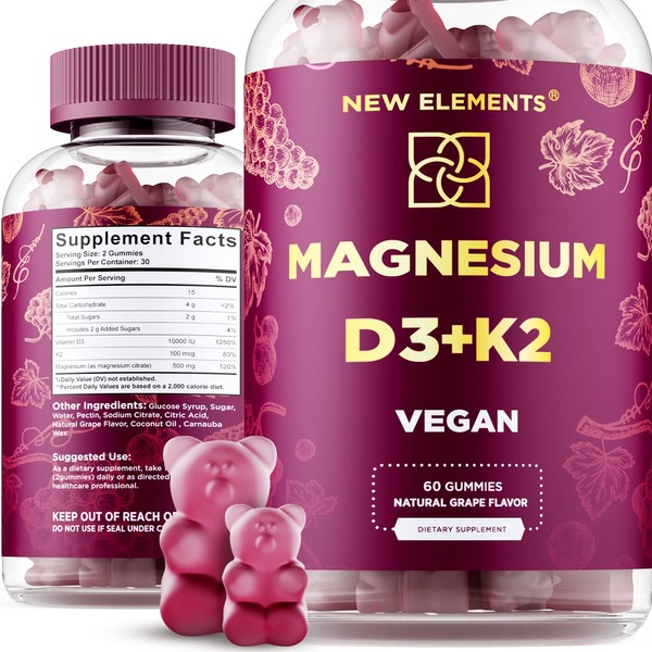 Calm Magnesium Gummies 500mg with Vitamin D3 10000 IU and Vitamin K2 100mg - Magnesium Citrate Supplement for Adults - Healthy Relaxation, Vegan, Non-GMO, Gluten-Free, Natural Grape Flavor