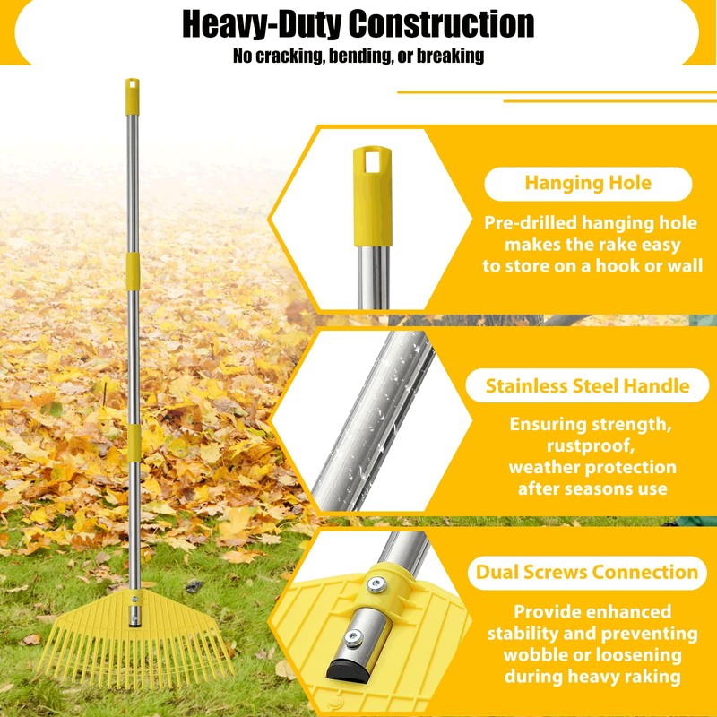 Leaf Rake,Unbreakable Nylon Graden Rake for Lawn,16.5” Wide,45” Long Handle,Yard