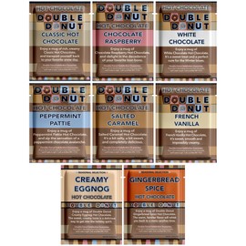 Double Donut Coffee Flavored Hot Chocolate Packets Variety Pack,18 Count Includes Classic, White Chocolate, Chocolate Raspberry, Salted Caramel, Pumpkin, French Vanilla & Peppermint