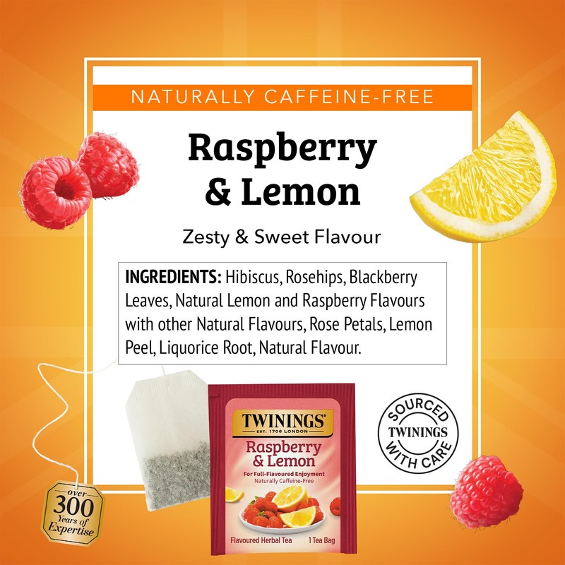 Twinings Raspberry & Lemon Herbal Tea Individually Wrapped Bags, 20