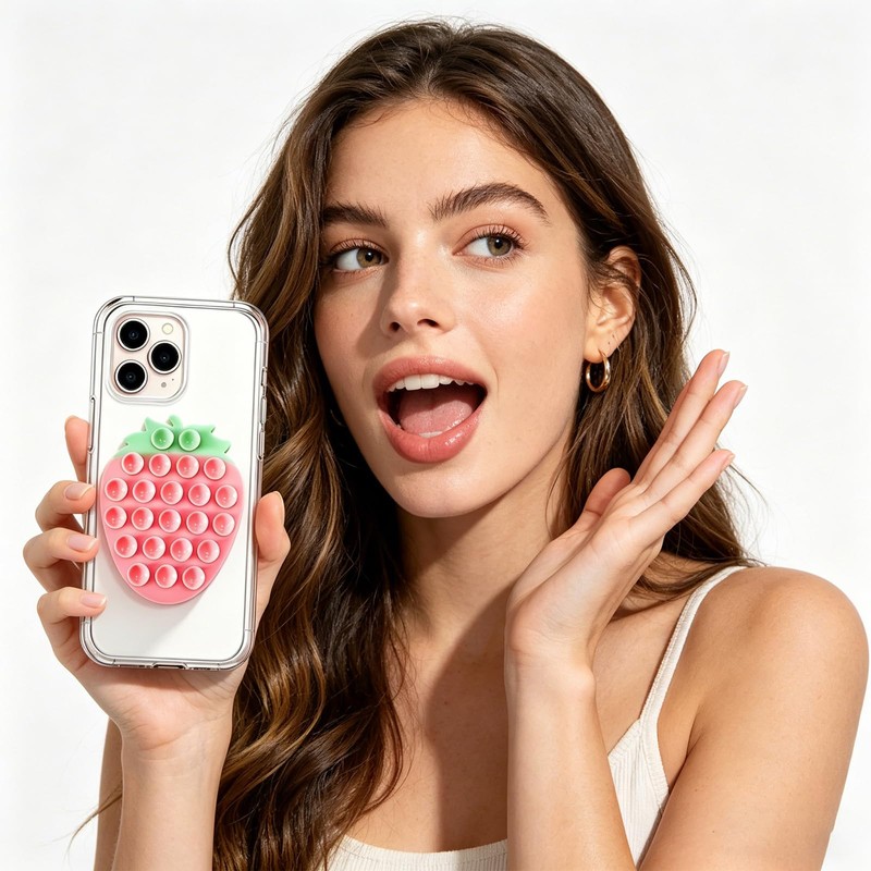 Silicone Phone Grip with Strong Suction, Strawberry Design, Pink Green