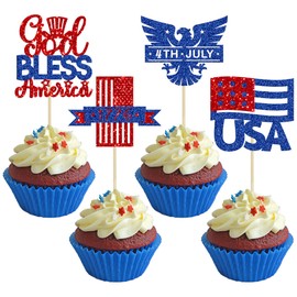Ephlyn 24Pcs God Bless the USA with Stars Cupcake Toppers Independence Day Cupcake Toppers 4th of July Patriotic Cupcake Picks Toothpicks Decorations for Independence Day Party Supplies