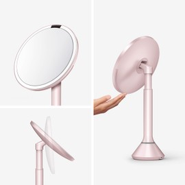 simplehuman 8" Round Sensor Makeup Mirror with Touch-Control Dual Light Settings, 5x Magnification, Rechargeable and Cordless, Pink Stainless Steel