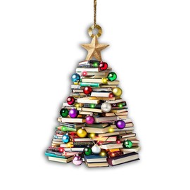 Book Christmas Tree 2025 Ornament Gift Wooden Ornament Merry Book for Book Lovers Reading Christmas Ornament Books Pine Tree Gift Set of 2, (Flat 2D NOT 3D)