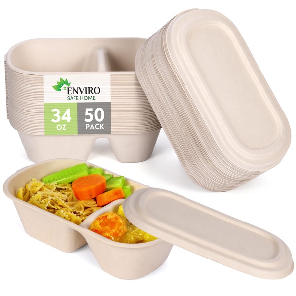 Enviro Safe Home 34 Oz Bamboo Meal Prep Containers, 50 Pack - 2 Compartment Disposable Bento Boxes with Lids - Microwavable, Oven Safe, Biodegradable Food Storage