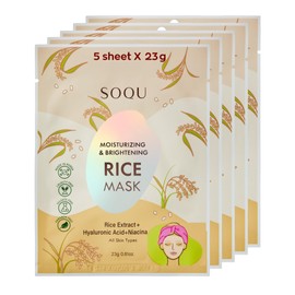 SOQU Moisturizing and Brightening Rice Mask - Hydrating and Radiance -Boosting Face Mask with Rice Extract -23g x 5EA - Made in Korea