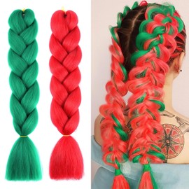 Generic Colored Hair Extensions 2 Colors Red Green Ombre Jumbo Braiding Wigs Hair Pre Stretched High Temperature Resistance Synthetic Fiber Hair Twist Crochet Braids Hair for Cosplay Festival Party