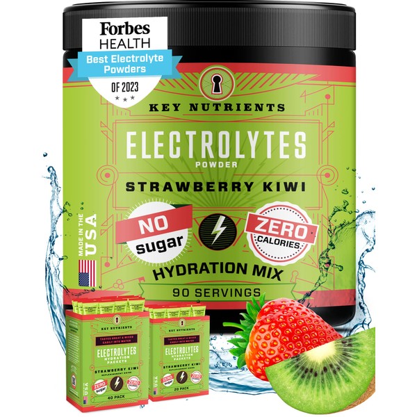 KEY NUTRIENTS Electrolytes Powder No Sugar - Juicy Strawberry-Kiwi Electrolyte Drink Mix - Hydration Powder - No Calories, Gluten Free - Powder and Packets (20, 40 or 90 Servings)