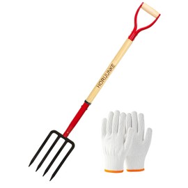 HORIJUNKE Heavy Duty Garden Fork for Digging, 4 Tines Pitch Fork for Gardening Compost, Garden Pitch Fork with Wooden Handle, 45 Inches-Red