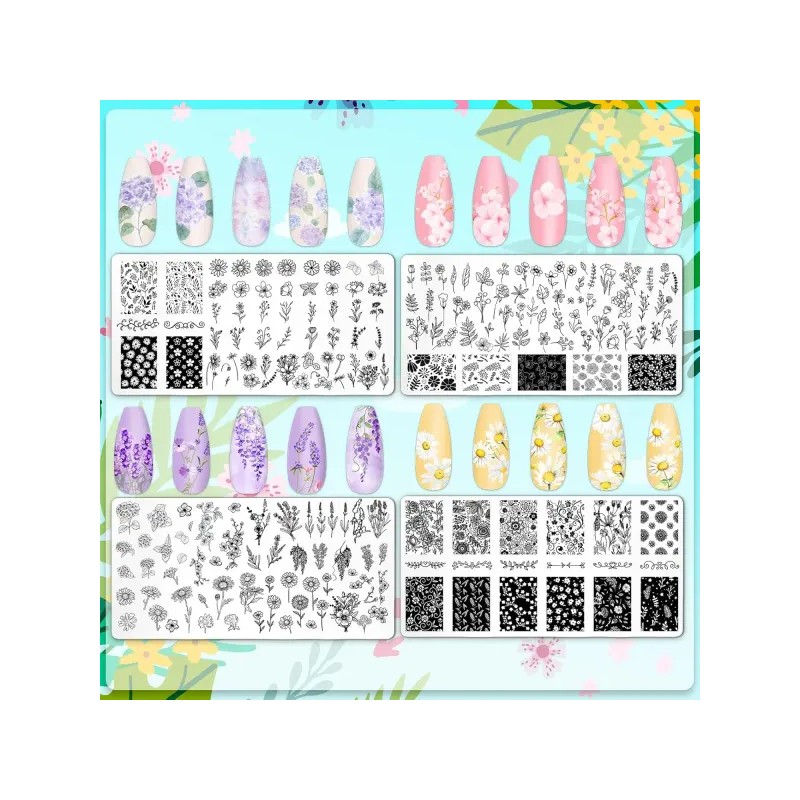 JarThenaAMCS 4Pcs 꽃 네일 플레이트 스탬핑 세트 봄 여름 스탬프