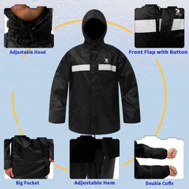 RainRider Rain Suits for Men Women Waterproof Fishing Rain Jacket Bib Pants Lightweight Reflective 3-Piece Rain Gear (Black, S)