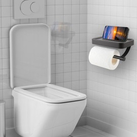 Adhesive Toilet Paper Holder with Phone Shelf, Modern Toilet Tissue Holder Stainless Steel RV Toilet Roll Holder Without Drilling, Universal TP Holder Wall Mount for Bathroom (7.3″x4.5″, Grey)