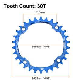 sourcing map 104BCD Bike Chainring 30T Round Narrow Wide Single Speed Aluminum Chainring Chainwheel with 4 Round Bolt for Road Bike Bicycle 7/8/9/10/11 Speed Chains, Blue