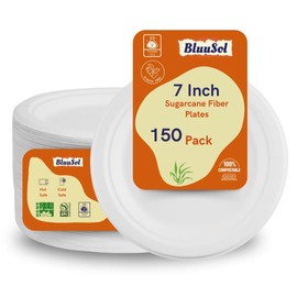 100% Compostable Paper Plates, Heavy Duty Disposable Plates [Pack of - 150] 7" Round Plate-Eco-Friendly, Biodegradable Sugarcane Bagasse, Natural Unbleached white 7" Dinner Paper Plate Disposable
