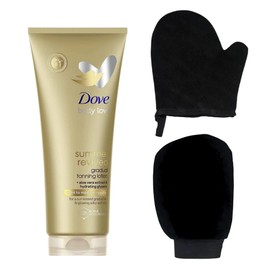 Dove Gradual Tan Light to Medium Self Tan Lotion 200ml Bundled with Lavarion Exfoliating Glove Black for Body and Self Tan Mitt for Streak-Free Tanning