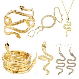 YBMYCM 6PCS Gold Snake Jewelry Set,Snake Ring Adjustable Snake Choker Snake Bracelet Snake Earrings Gold Snake Armband Snake Necklace for Women