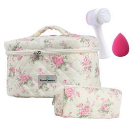FromeEssence- Makeup Bag- Set Cute Bags- Quilted Makeup Bag- Makeup Bag Large- Make Up Bags- Makeup Bag Set- Makeup Bags- Big Makeup Bag- Cosmetic Bags- Cute Makeup Bag- Floral Makeup Bag, White