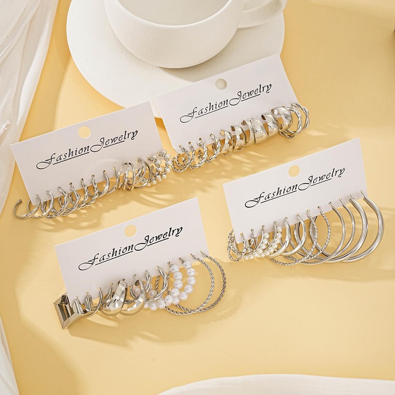 24 Pairs Chunky Silver Hoop Earrings Set for Women, Hypoallergenic