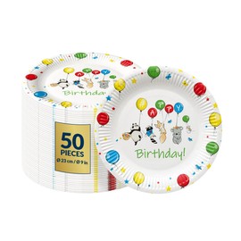 PAW - Disposable Paper Plates (9 Inch, 50-Pack), Fun & Colorful Themed Party Plates for Birthday, Kids Party, Picnic, Soak Proof Plates Ideal for Children's Parties - Balloons Design