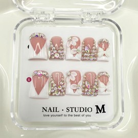 Handmade Press on Nails Rhinestones Press on Nails Short Duck Shaped Fake Nail White French Acrylic Nails Full Cover Reusable Flower False Nail for Women Girls Nail Accessories (Size M)