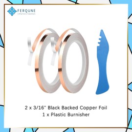 FERQUNE 3/16 Inch Silver Backed Copper Foil Tape for Stained Glass, 2 Rolls, 1 Burnisher