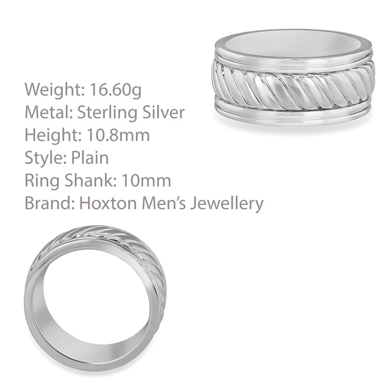 Hoxton London Men's Sterling Silver Twist Wide Ring - Size