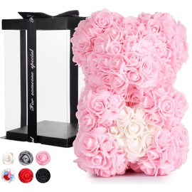 BRUBAKER Rose Bear 10 Inches - Flower Bear for Bridal Showers, Birthdays or Valentines Gift - Gift Box Included - Pink with White Heart