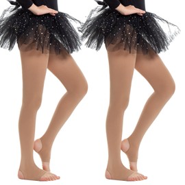 MANZI 2 Pairs 40 Denier Girl's Ballet Tights Convertible Foot Stirrup Dance Tights for Girl's Performance Suntan L Age 11-14