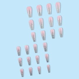 MouyouGlow Press on Nails Medium Length, Ballerina Pink Gradient Jelly Silver Glitter Fake Nails with Nail Glue, Natural Pink Ombre Shimmer Artificial Fingernails