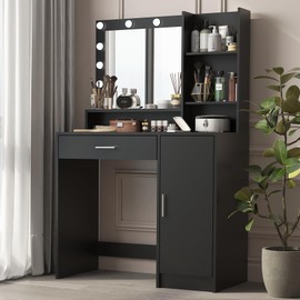 Palimder Vanity Desk with Mirror & Light, Large Drawer & Three Level Storage Dresser, 3 Lighting Modes Adjustable Brightness, Bedroom Dressing Table (Black)