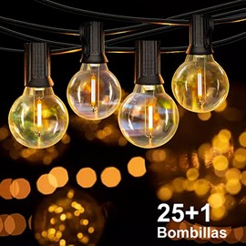 HONGHCL - Guirnalda de Luces LED 15m - Guirnalda de Luz LED para Exterior con 25+1 - Tira de Bombillas LED para Patio Impermeable,Cadena de luz de Inastillable,Durable,Ahorro de Energía