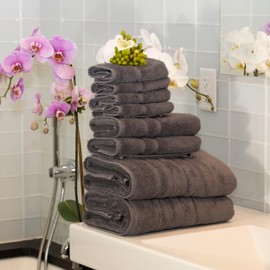 Mosobam Luxury Turkish 12pc Towel Set 30X58 16X30 13X13 Charcoal Gray (Dark Grey) 700 GSM Bamboo Viscose & Aegean Turkish Combed Cotton