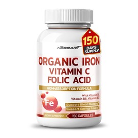 NESSARIT Organic Iron High Potency with Vitamin C, Folic Acid - High-Absorption Formula Vitamin B1, Vitamin B6, Vitamin B12 - Support Blood Building - 150 Count - Made & Tested in The USA