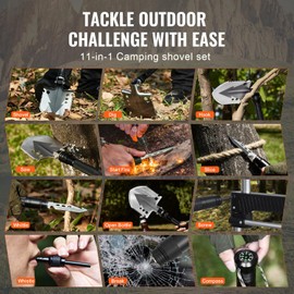 Happybuy Survival Shovel, 11-in-1 Folding Multitool, Military Grade, Compact, for Camping & Outdoor Adventures