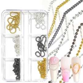 WOKOTO 6 gold silver and black chain nail charms 3D Metal Nail Chain Charms Decoration for Women Girls Metal Punk Nail Jewelry Mixed Design chains charms for Manicure Supplies for Fingernails